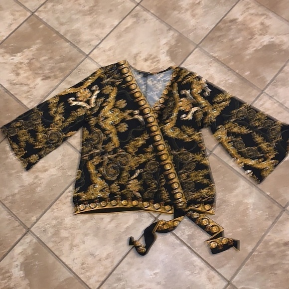 Boston  Proper Black Gold V Neck Faux Wrap Bell Sleeve Top Size XL - Picture 9 of 12